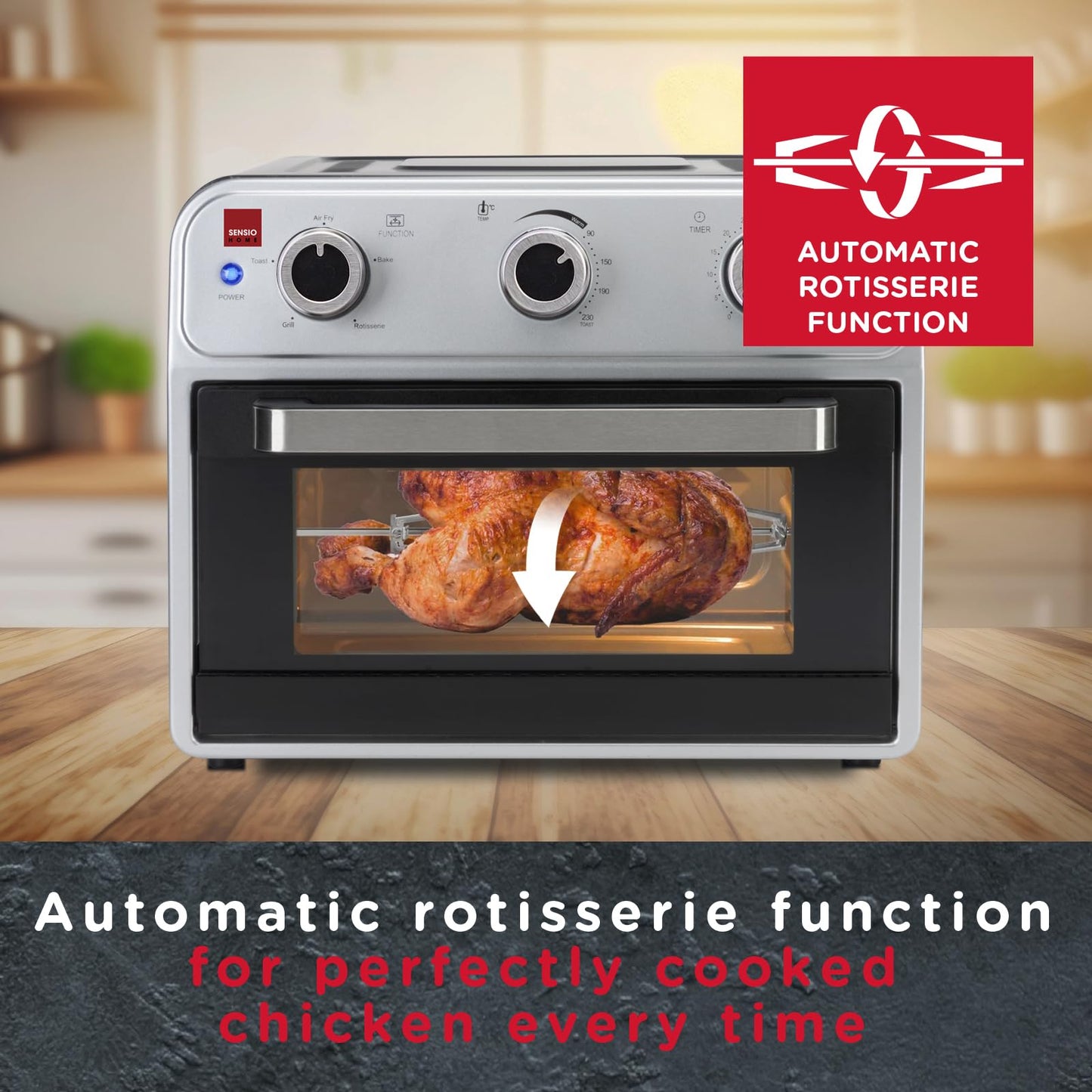 Sensio Home Mega 21L Capacity Air Fryer Oven, Family Size Healthy Cooking, 1800W Multifunctional, Rotisserie Bake Broil Toast Timer, Oil Free Cooking,