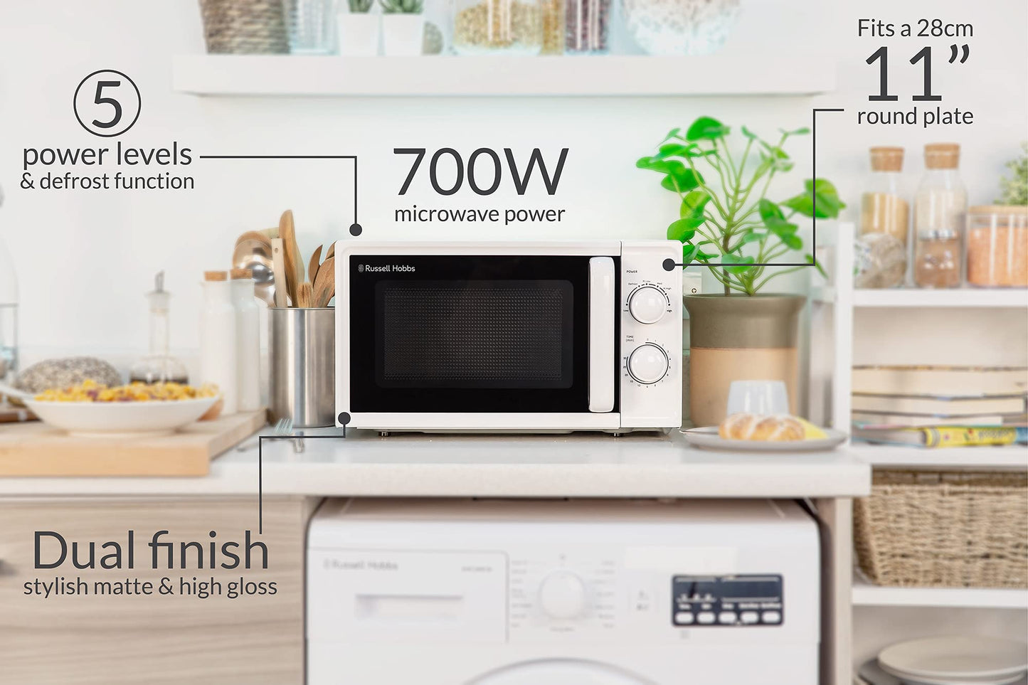 Russell Hobbs 17L Small Microwave White Manual Textures 700W with 5 Power Levels & 30 min Timer, Defrost Function & Easy Clean, RHM1725
