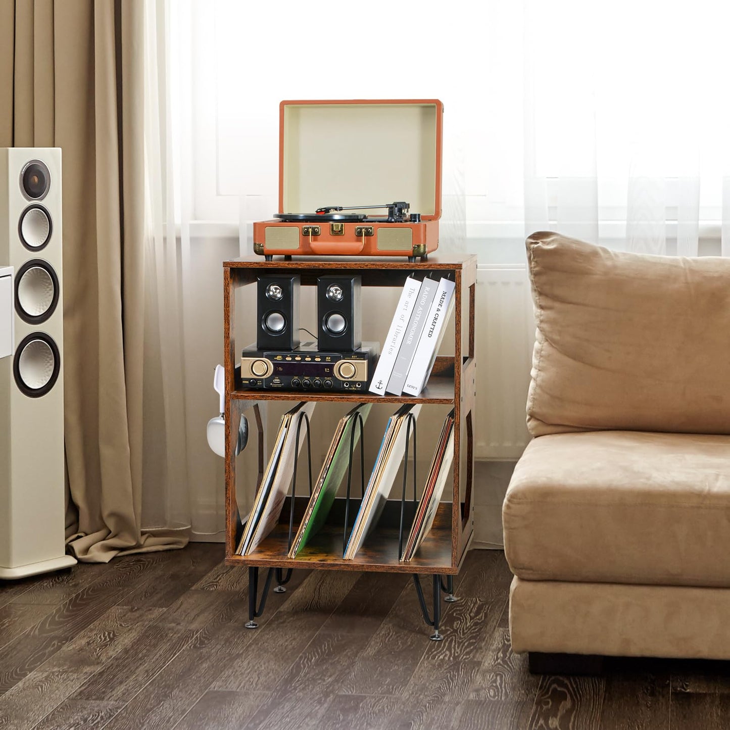 ikkle Rustic Record Player Stand, End Table with Record Storage, Vinyl Record Storage Cabinet Holder with Metal Legs, Turntable Stand Record Player