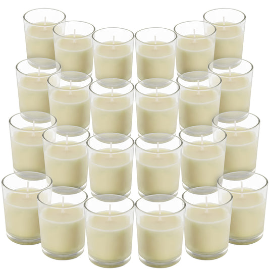 Belle Vous Unscented Clear Glass Filled Votive Candles (24 Pack) - 12 Hour Burn Time - Clear Glass Holders with Hand Poured Warm White Wax Candles -