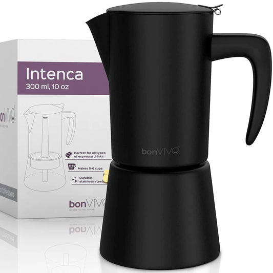 bonVIVO Moka Pot - 6 Cup Intenca Stainless Steel Espresso Maker w/Black Finish - Stove Top Italian Coffee Maker - 300ml Cup Coffee Pot - Gifts for Men