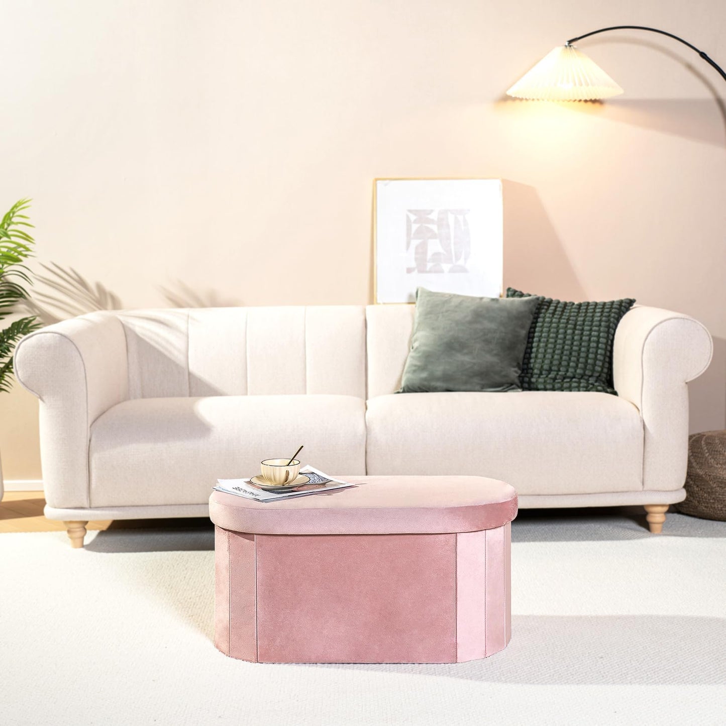 Bonlife Pink Velvet Ottoman Storage Bench with Seat,Foldable Stool Living Room Furniture,Oval Large Toy Box Storage Chest with Lid,76x38x38cm