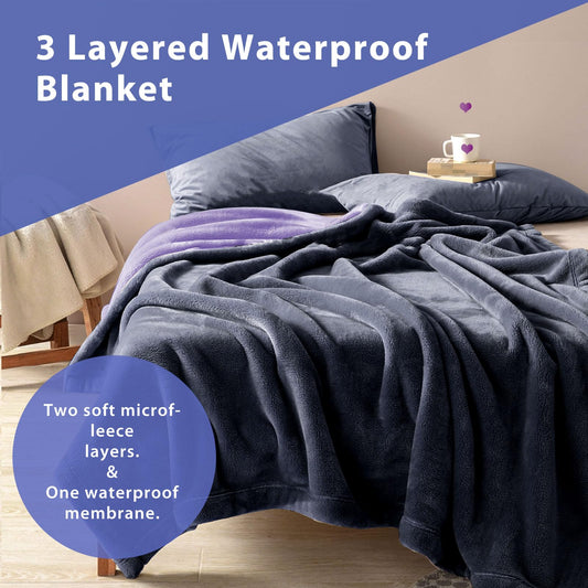 YISURE Waterproof Reversible Blanket for Bed, Leakproof Squirt Love Queen Size Blanket for Adults, King Size 90"x80" Grey/Purple