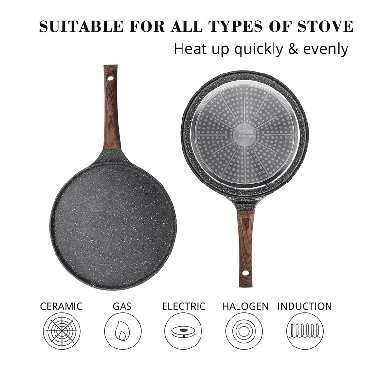SENSARTE Nonstick Crepe Pan with Spreader, 30 cm Swiss Granite Coating Dosa Pan Pancake Flat Skillet Tawa Griddle with Stay-Cool Handle, Induction