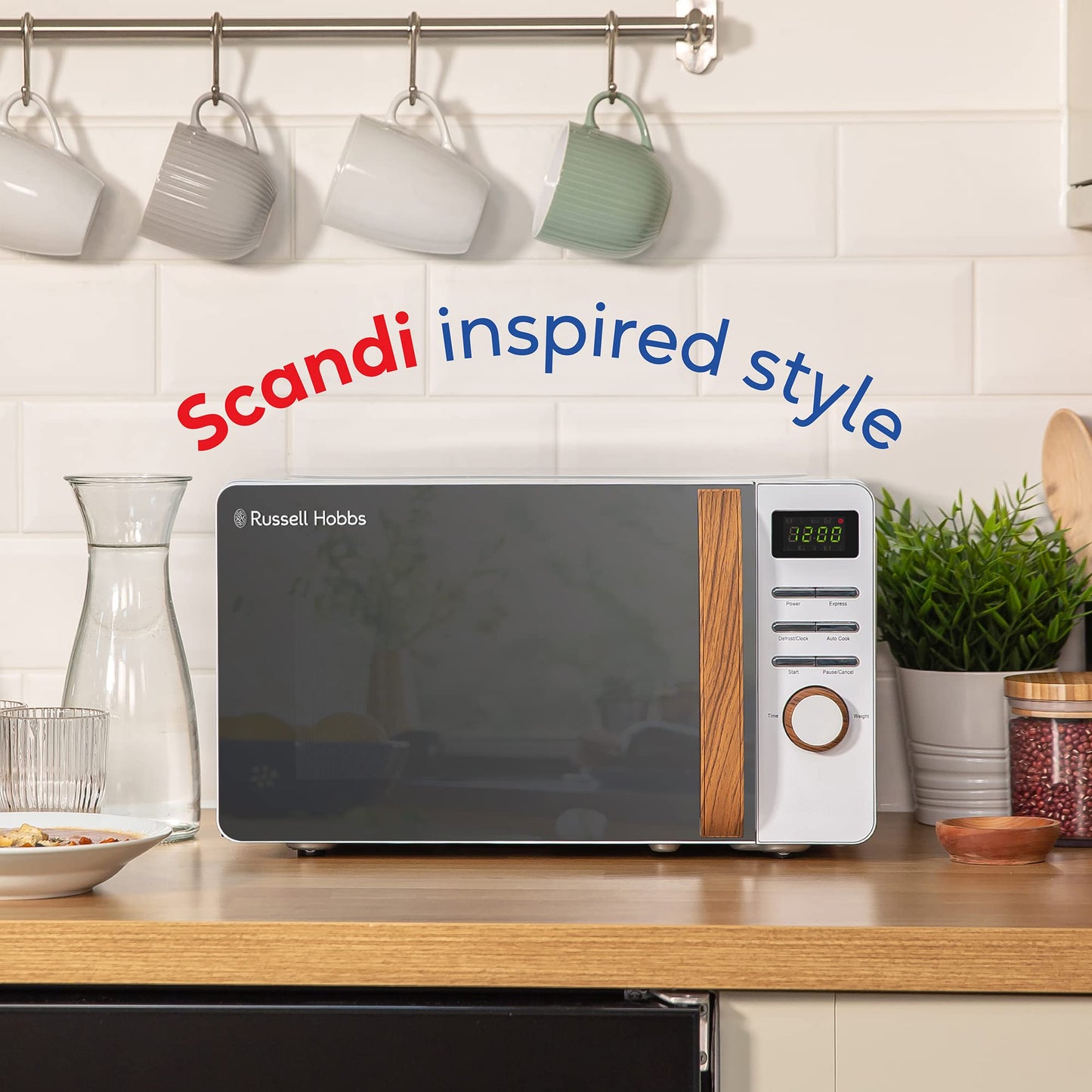 Russell Hobbs RHMD714 17 L 700 W Scandi White Digital Microwave with 5 Power Levels, Wood Effect Handle & Dials, Clock & Timer, Automatic Defrost,
