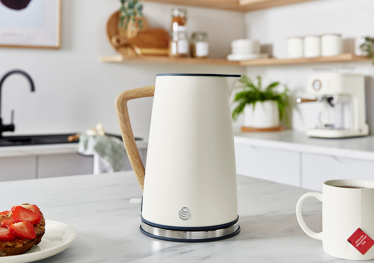 Swan SK14610WHTN Nordic Jug Kettle, Wood Effect, Soft Touch, 1.7L 3KW, Matte Cotton White