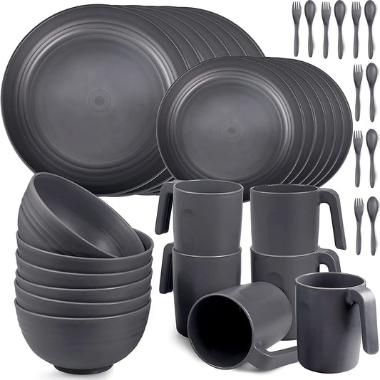 36pcs Unbreakable Dinnerware Sets for 6 People, Camping Plates and Bowls Set, Plastic Picnic Dinner Sets, Lightweight BBQ Serving Plates, Bowls,
