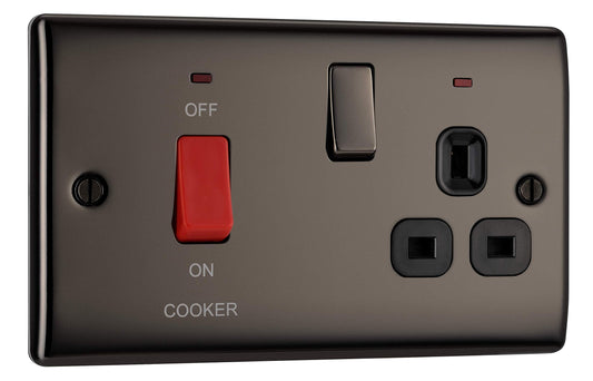 BG Electrical Cooker Switch with Socket and LED, Cooker Control Unit, Control Socket, Double Pole, Raised Profile, Round Edges, Nexus Metal, Black