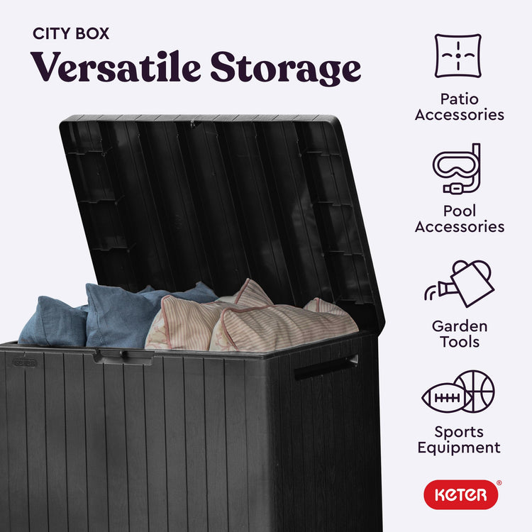 Keter City 30 Gallon Resin Outdoor Storage Box and Patio Furniture Side Table for Pool and Garden Accessories, Dark Grey