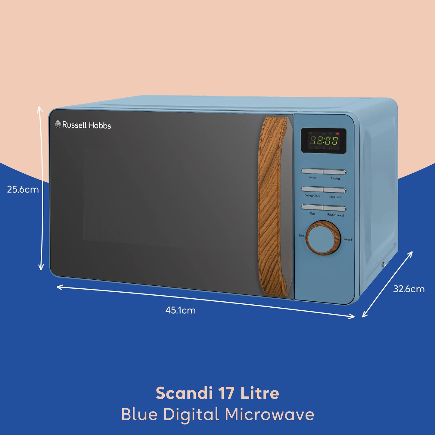 Russell Hobbs RHMD714BL 17 L 700 W Scandi Blue Digital Microwave with 5 Power Levels, Wood Effect Handle & Dials, Clock & Timer, Automatic Defrost,