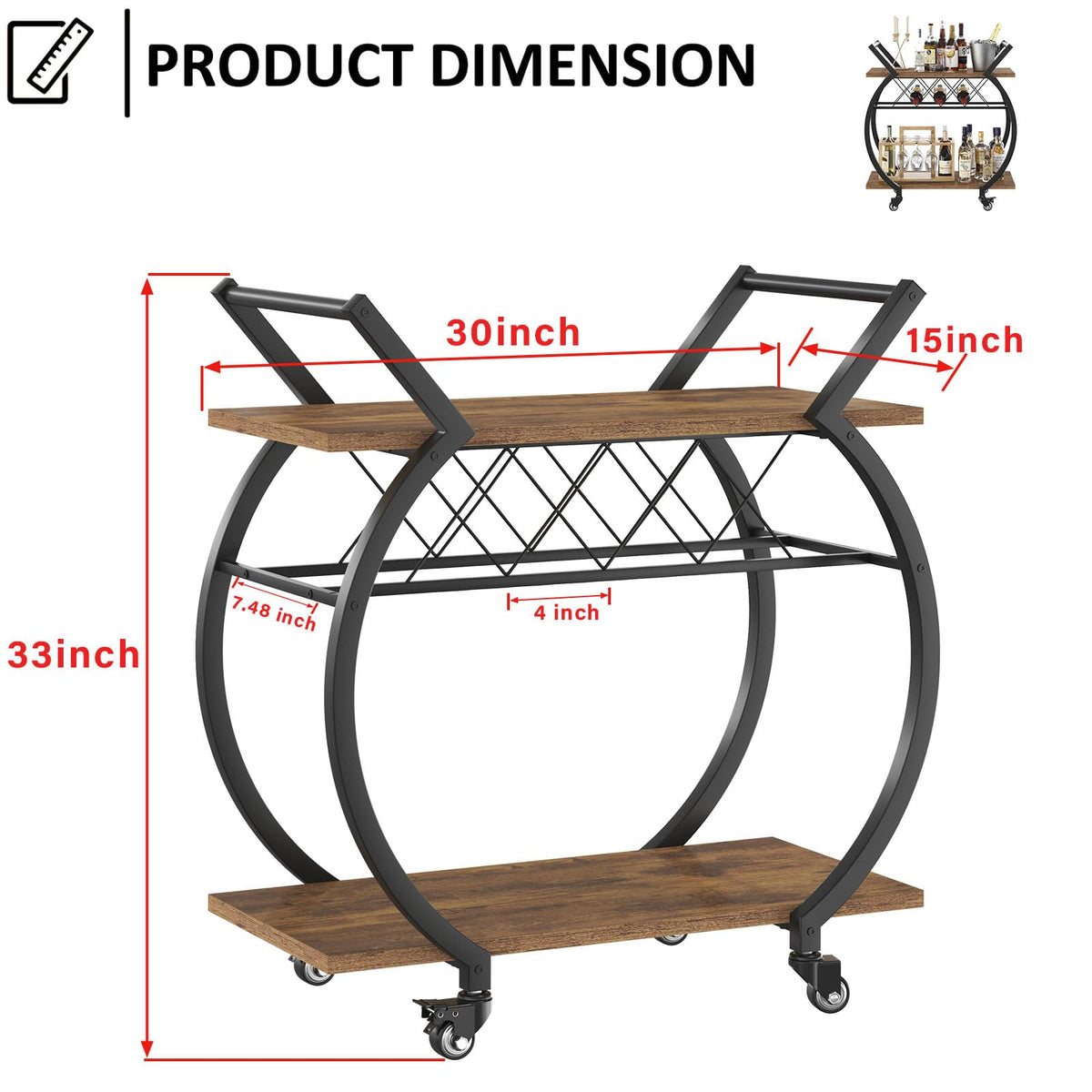 LVB Drinks Trolley, Bar Cart for Kitchen, Beverage Serving Liquor Cart with Wheels, Wood and Metal Rolling Wine Cart with Storage Shelf