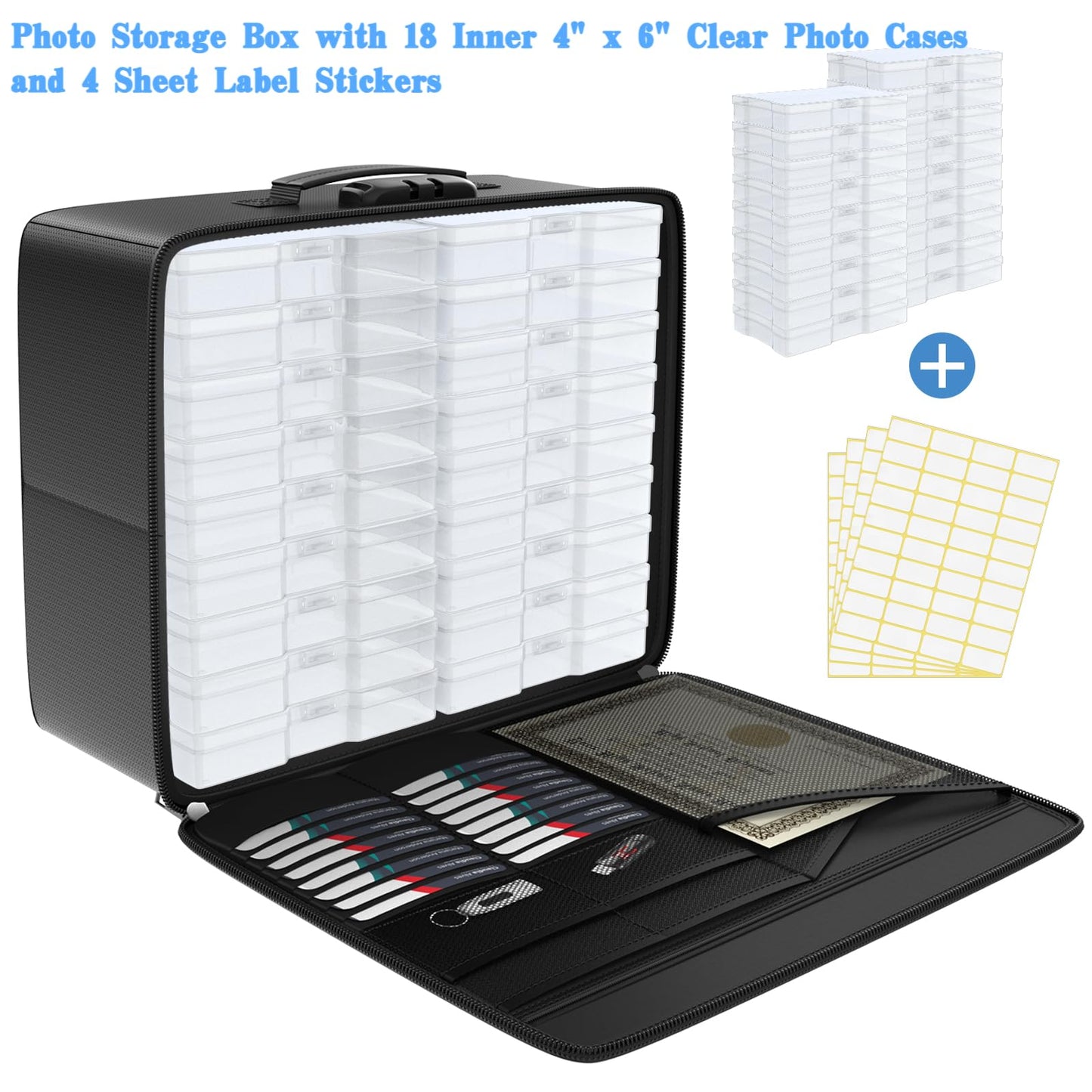 Tamfile Fireproof Photo Storage Box 4" x 6" with 18 Inner Clear Photo Case, Plastic Photo Organiser with Lock for Pictures, Cards, Crafts, Seed,