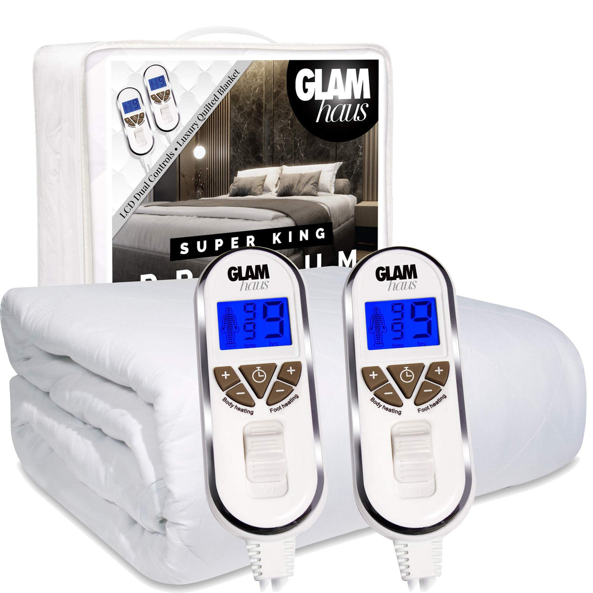 GlamHaus Super King Size Electric Blanket Dual Control - Fitted Mattress Fitted Bed Under Cover With Elasticated Skirt - Premium White Diamond Quilted