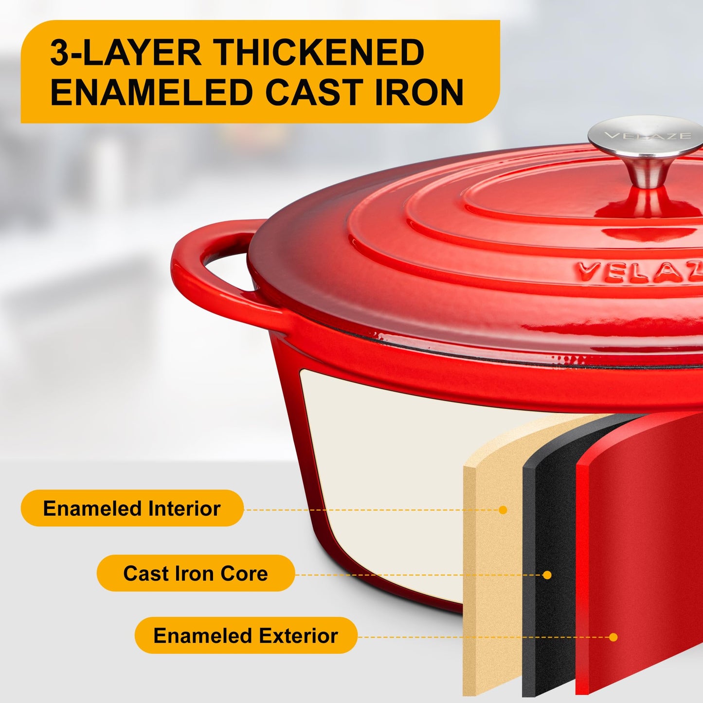 Velaze Cast Iron Casserole Dish with Lid, Non-Stick Cast Iron Dutch Oven for Home Baking, Braiser, Cooking,34cm/7.5L(Red)