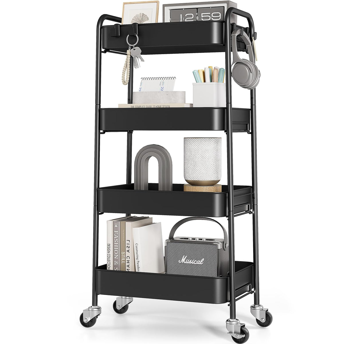 KINGRACK Rolling Storage Cart, 4 Tier Metal Utility Cart with Wheels & Hooks, Craft Art Esthetician Organizer, Easy Assembly Cart for Office Bathroom