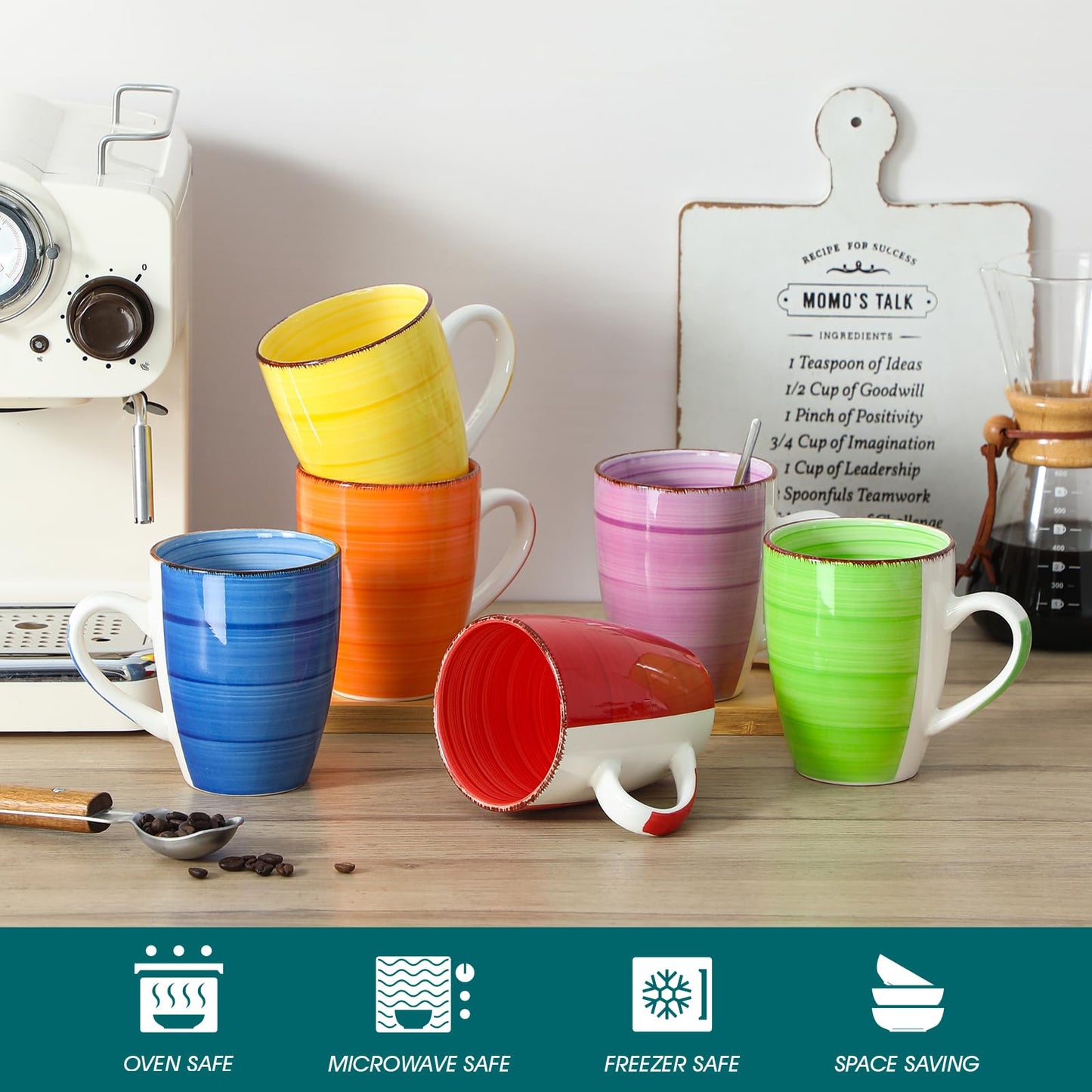 vancasso Bonita Large Mugs Set of 6, 500ml Stoneware Coffee Cup and Mug, Microwave & Dishwasher Safe Tea Cups, Mugs for Hot Drinks, Warm Color