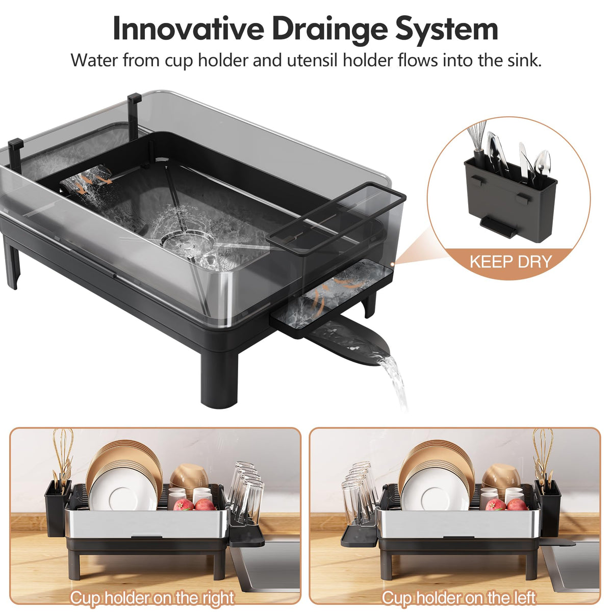 romision Dish Drainer Rack with Drip Tray, 304 Stainless Steel Large Dish Drying Rack for Kitchen Sink of Big Family, Plate Draining Board Rack with