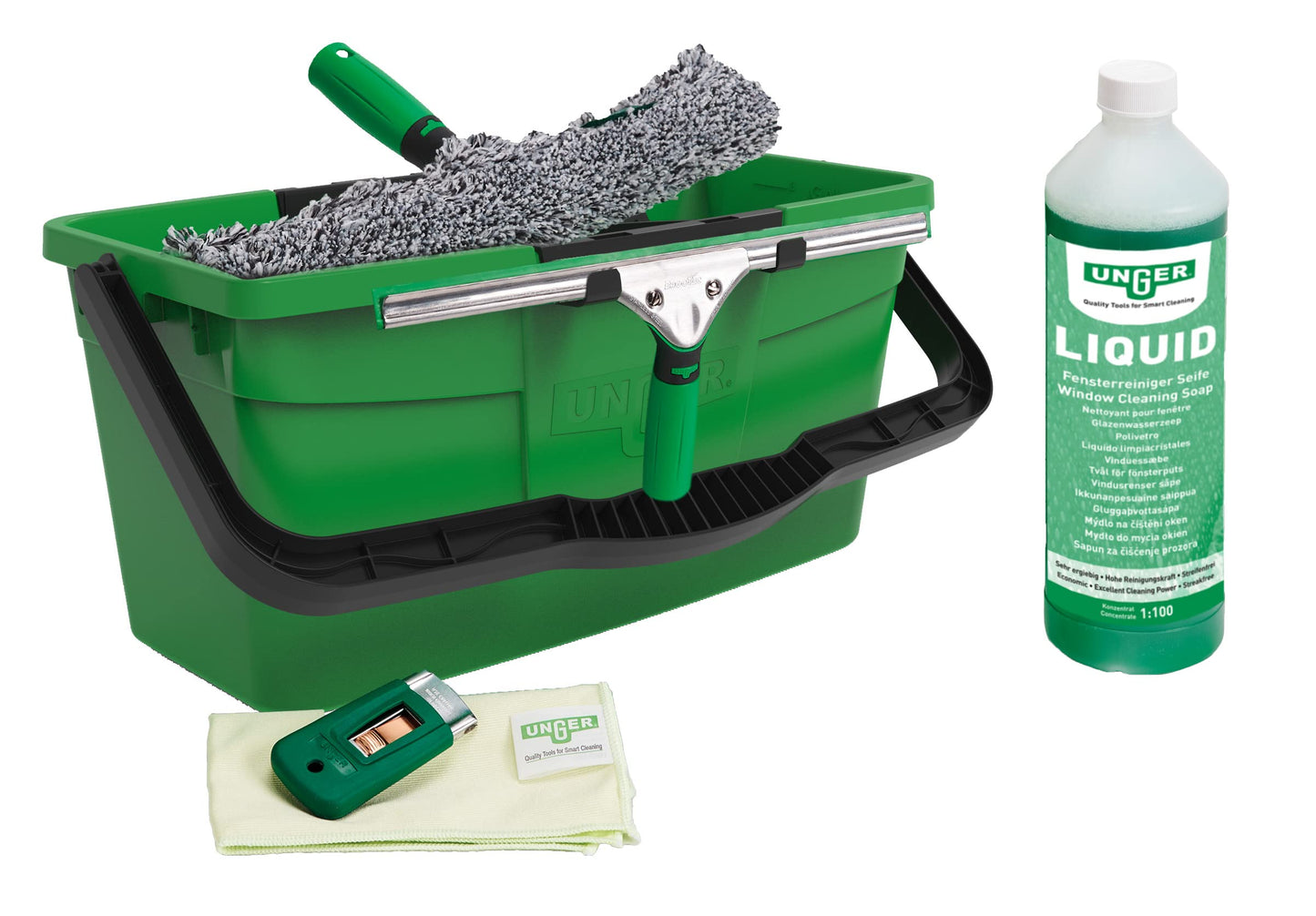 UNGER Window Cleaning Kit PRO Set - Power Washer Sleeve, ErgoTec Squeegee, Bucket 12L, Liquid Glass Cleaner 1L, Safety Glass Scraper, Microfibre Cloth