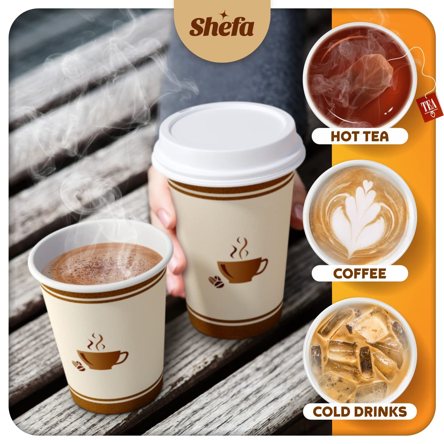 Shefa 1000 Coffee Cups - 8oz Paper Cups for Hot or Cold Drinks, Takeaway Coffee Cups for Coffee Shops - Heat-Resistant Coffee or Tea Cup, BPA-Free