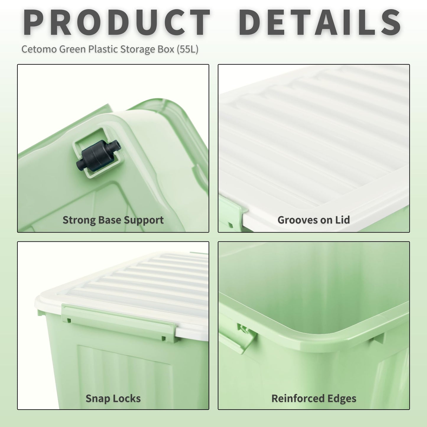 Cetomo 55L*3 Storage Boxes with Wheels, Plastic Storage Box with Lid, Latching Buckles, Click Closure, Stackable, Nesting, Durable Organizer for Home