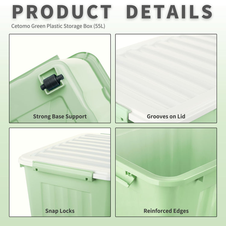 Cetomo 55L*3 Storage Boxes with Wheels, Plastic Storage Box with Lid, Latching Buckles, Click Closure, Stackable, Nesting, Durable Organizer for Home