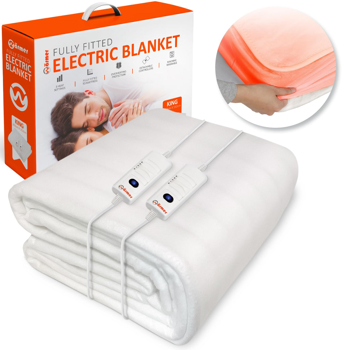 Wrmer Electric Blanket King Size - Dual Control, Fully Fitted Mattress Cover with Elasticated Skirt, 3 Heat Settings, 2 X Detachable Controllers -