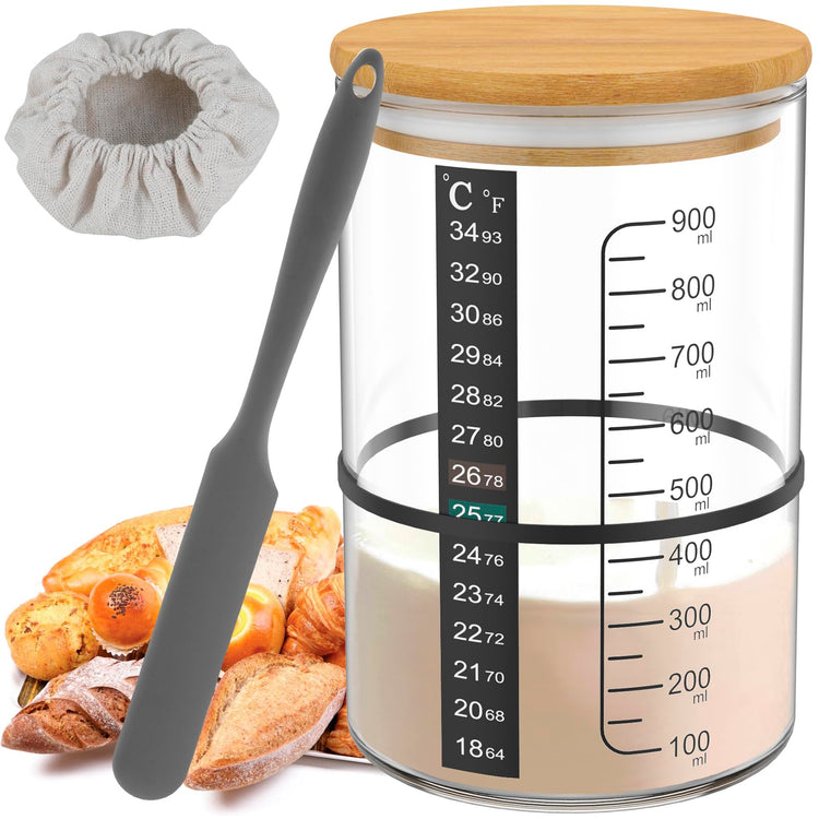 BOBASH 6 Pcs Glass Sourdough Starter Jar Kit 900ml Sourdough Starter Kit with Scale Thermometer Paper Sourdough Jar Reusable Sourdough Bread Baking