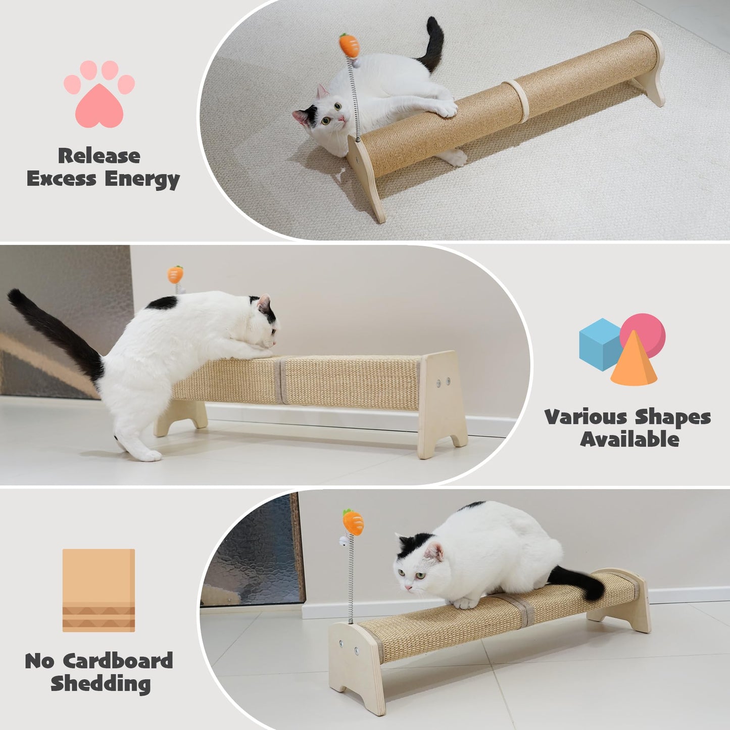 PETKARAY Horizontal Scratching Post, 30" Sisal Cat Scratch Post, Large Cat Scratcher with Spring Toy, Protect Furniture for Indoor Kitten