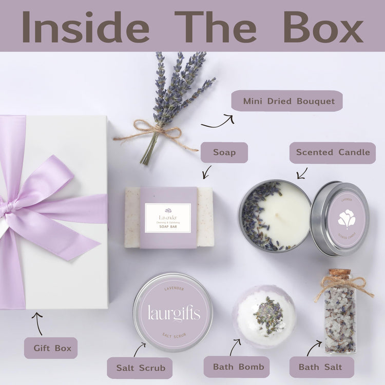 LaurGifts Lavender Spa Gift Box for Women ? Birthday Gift for Her with Candle & Spa Set ? Dutch Flower Fields Inspired Relaxing Gifts for Mum, Wife,
