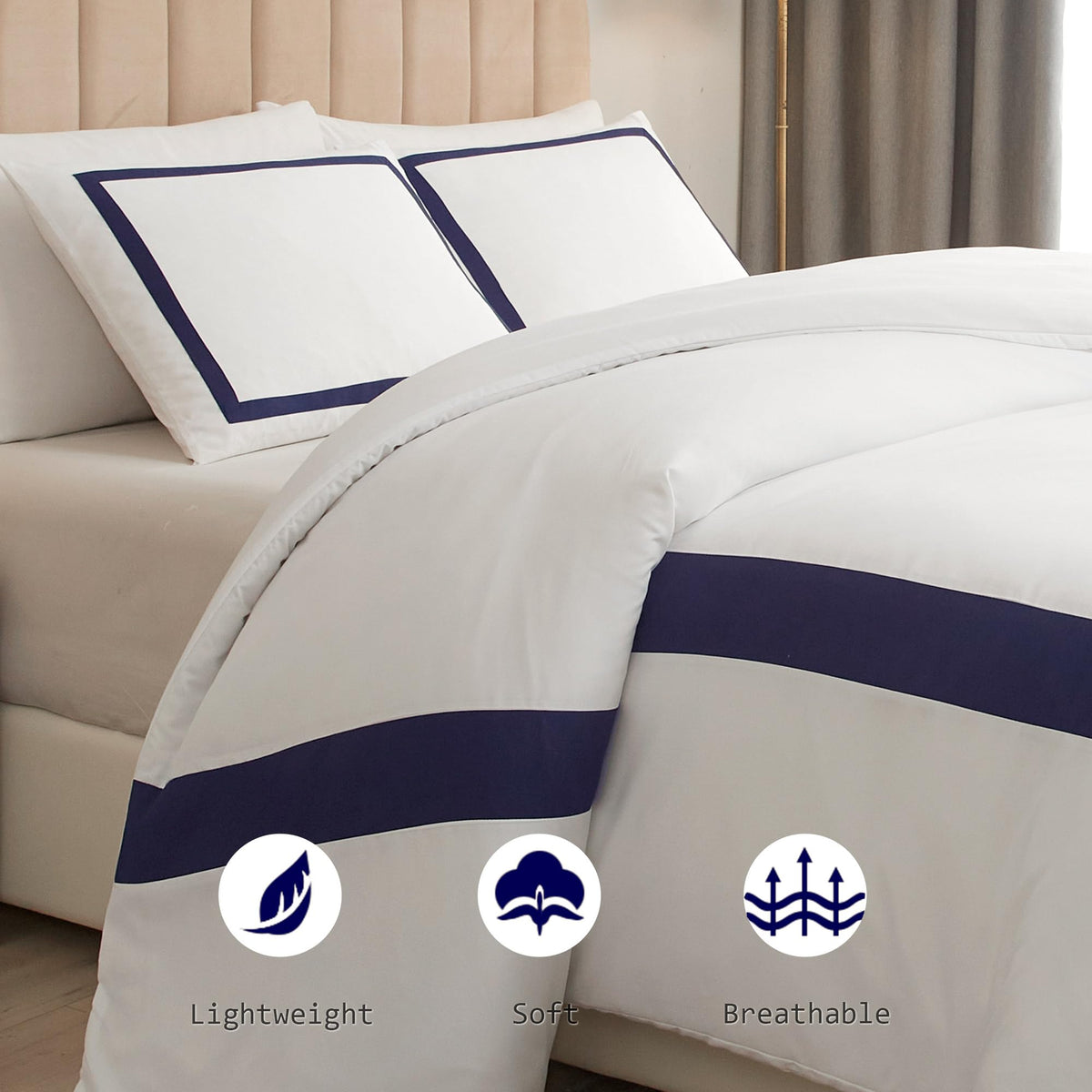 OSVINO Hotel Duvet Cover Set 3Pcs Microfiber Simple Line Style Bedding Set Ultra Soft Quilt Cover Set with Pillowcases, Navy, Double