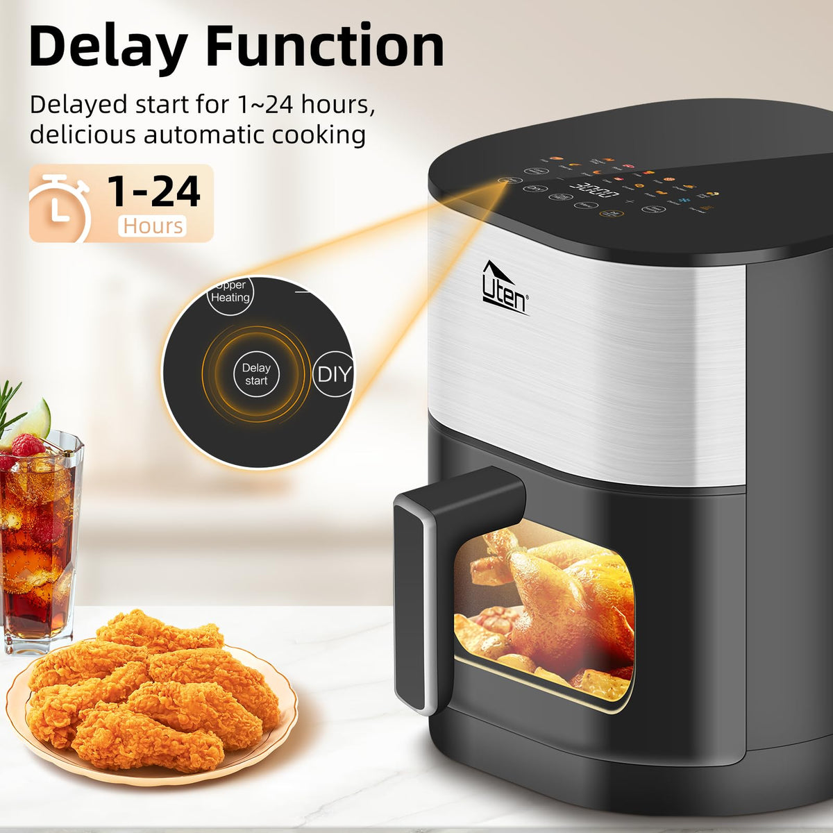 Uten Dual Blaze Air Fryer 5.5L Visual Window, Color Screen, 14 Pre Menus, Delayed Start, Stainless Oil Net, 2 Fast Heaters Independently Controllable,
