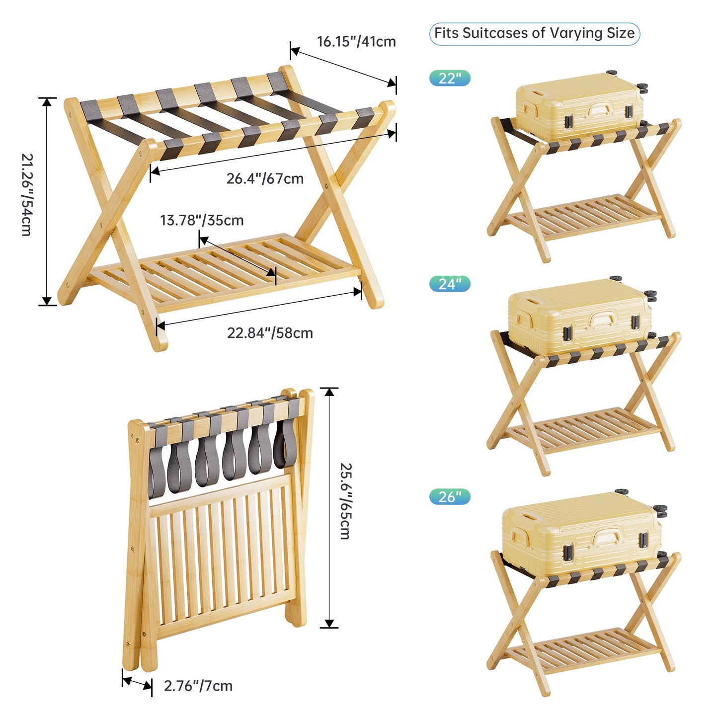 SMIBUY Luggage Rack, Foldable Bamboo Suitcase Stand with Storage Shelf for Guest Room, Bedroom, Hotel, Heavy-Duty (Nautral)