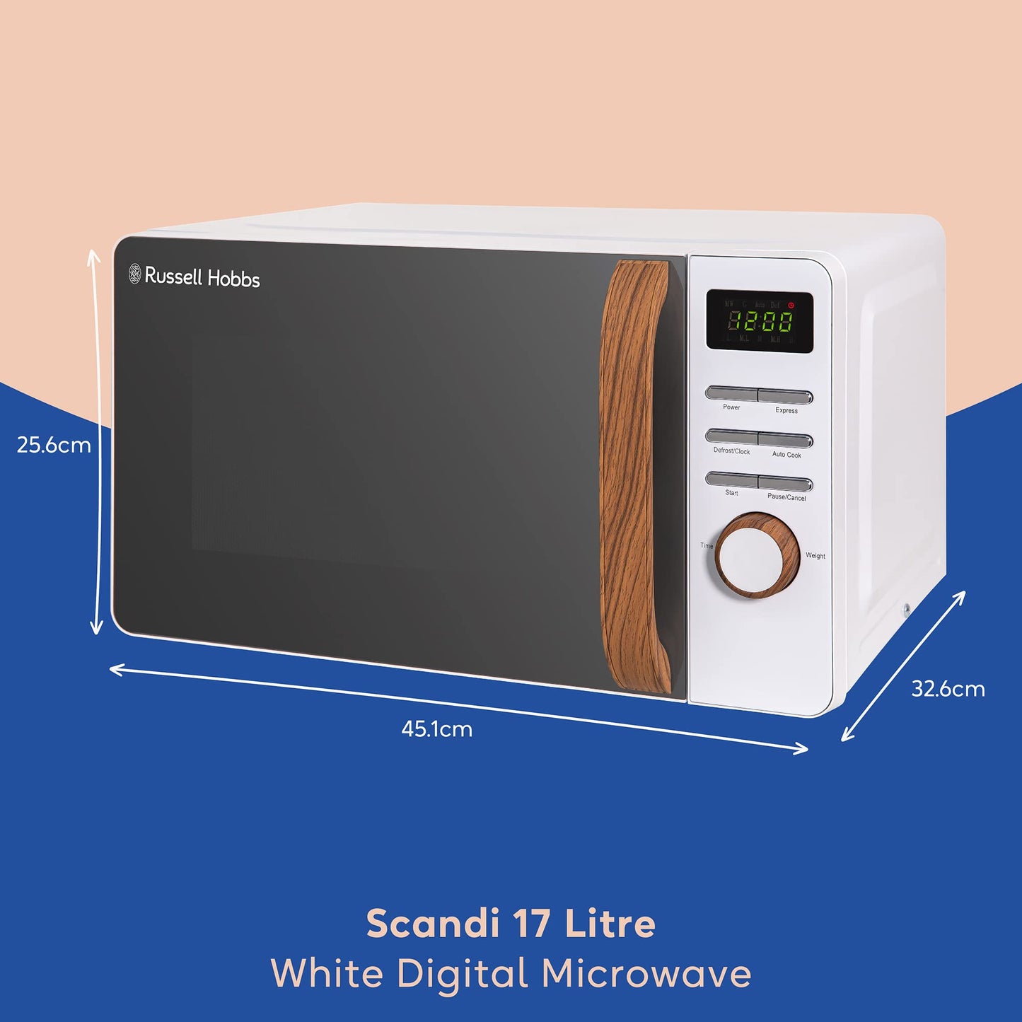 Russell Hobbs RHMD714 17 L 700 W Scandi White Digital Microwave with 5 Power Levels, Wood Effect Handle & Dials, Clock & Timer, Automatic Defrost,