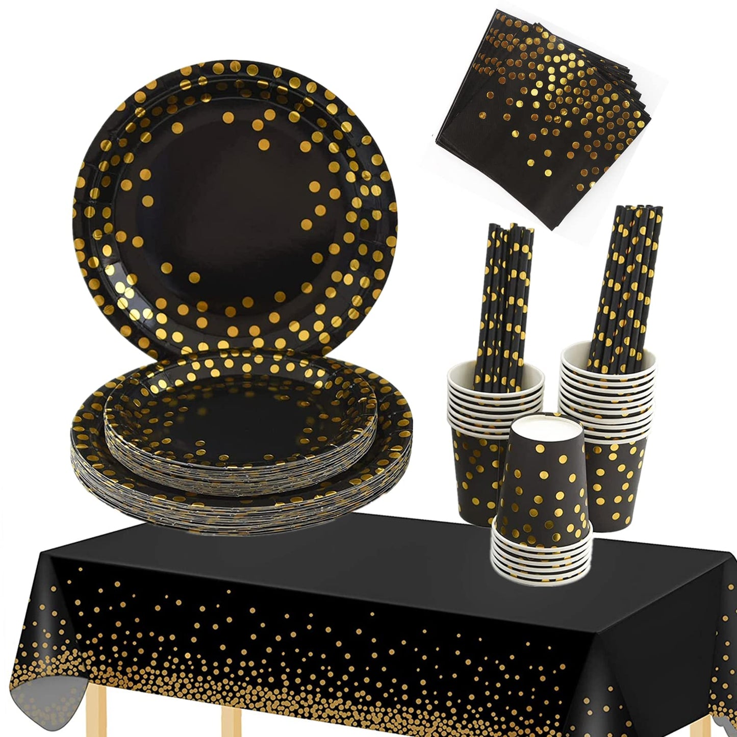 TOPWAYS Black Gold Birthday Decorations Party Tableware Set, Disposable Paper Party Plates Cups Napkins Tablecloth for Birthday Decorations Weddings