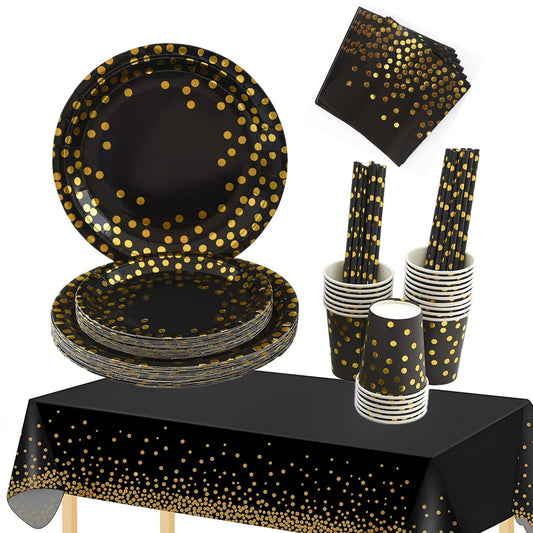 TOPWAYS Black Gold Birthday Decorations Party Tableware Set, Disposable Paper Party Plates Cups Napkins Tablecloth for Birthday Decorations Weddings