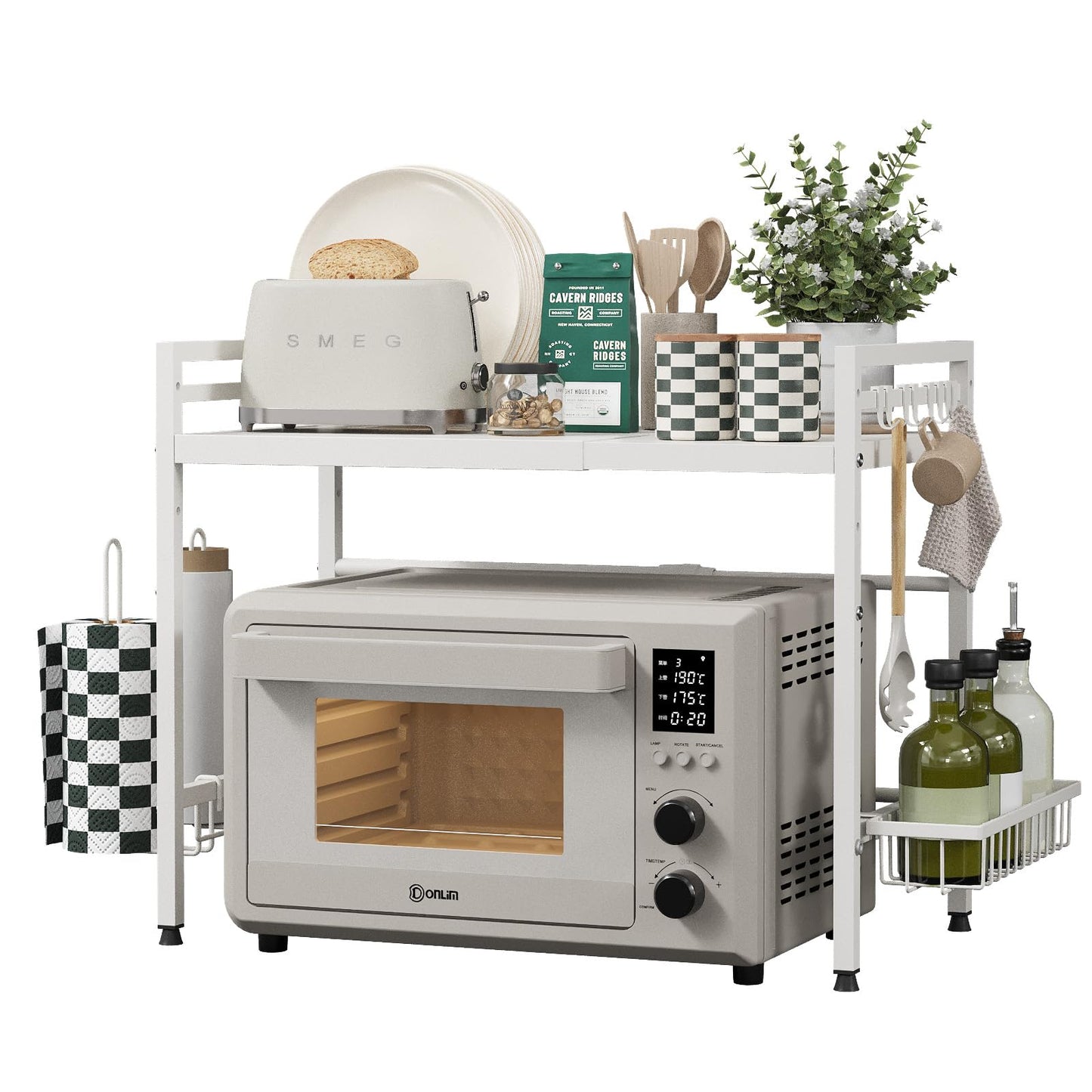 NETEL Expandable Microwave Shelf,2-tier Microwave Stand with Spice Basket, Cling film holder & 4 Hooks, Kitchen Furniture,white