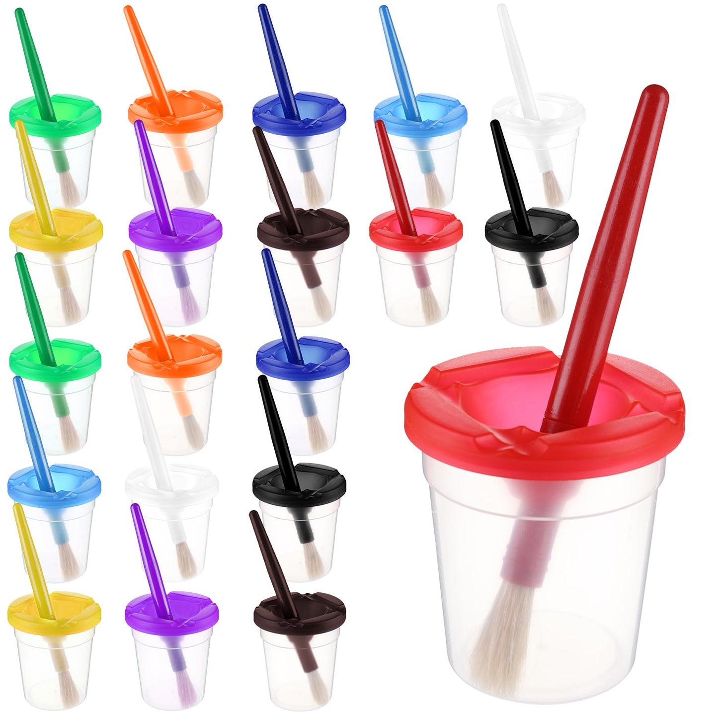 Yarlung Set of 10 Spill-Proof Paint Cups with Paint Brushes and Lids, Painting Tools Hog Bristle Brushes for Watercolor, Tempera, Washable, Acrylic,