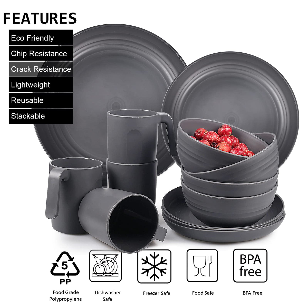 36pcs Unbreakable Dinnerware Sets for 6 People, Camping Plates and Bowls Set, Plastic Picnic Dinner Sets, Lightweight BBQ Serving Plates, Bowls,
