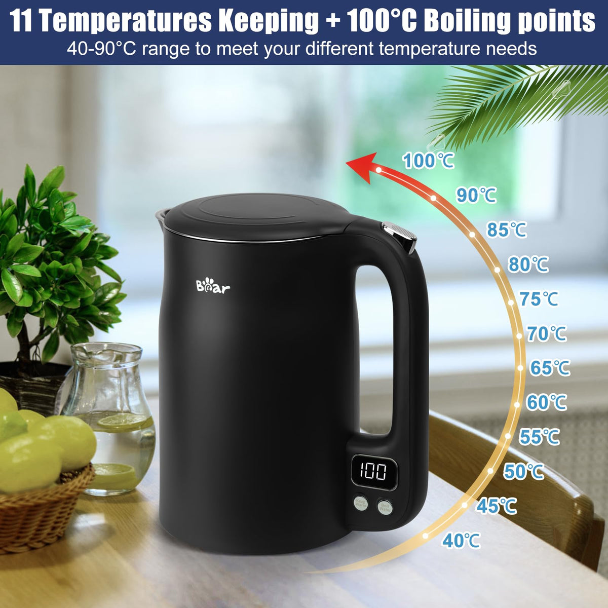 Bear Electric Kettle 1.7L 40C~100C 12 Temperatures Control Kettle Digital Display with Keep Warm Function,1800w 304 Stainless Steel Fast Boil Black