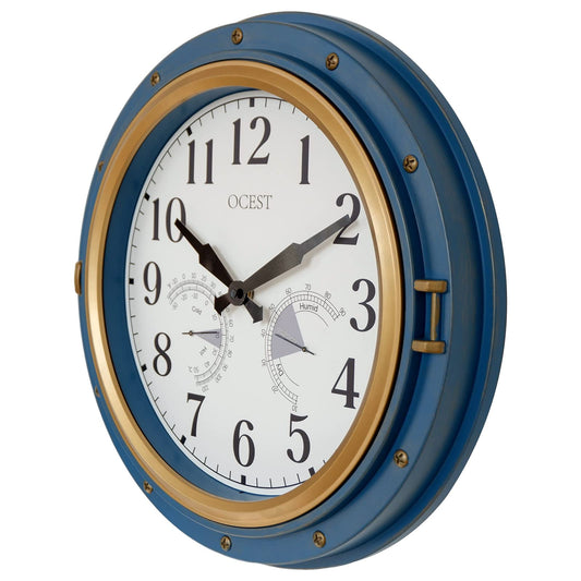 OCEST 16 Inch Garden Clocks Outdoor Waterproof, Large Thermometer, Hygrometer, Retro Design, Non-Ticking Battery Operated for Home Decor Patio (Blue)