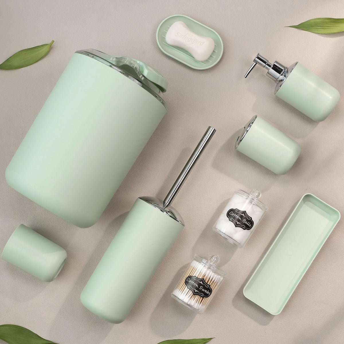 IMAVO Bathroom Accessory Set - 8 Pcs Green Bathroom Accessories Set with Trash Can, Soap Dispenser, Soap Dish, Toothbrush Holder, Toothbrush Cup,