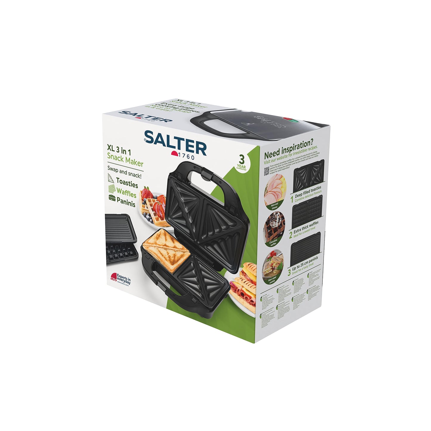 Salter EK2143 3-In-1 Snack Maker - Sandwich Toaster, Waffle Maker, Panini Press Grill, Includes Removable Extra Large Deep Fill Hot Plates, Non-Stick,