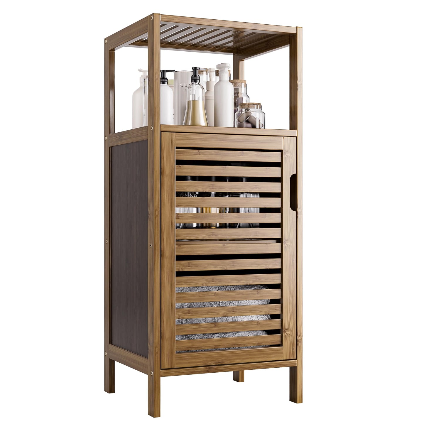HITNET Bathroom Cabinet, Bamboo Floor Cabinet Free Standing, 4 Tier Sofa Side Storage Cupboard for Living Room Kitchen Bedroom, Walnut