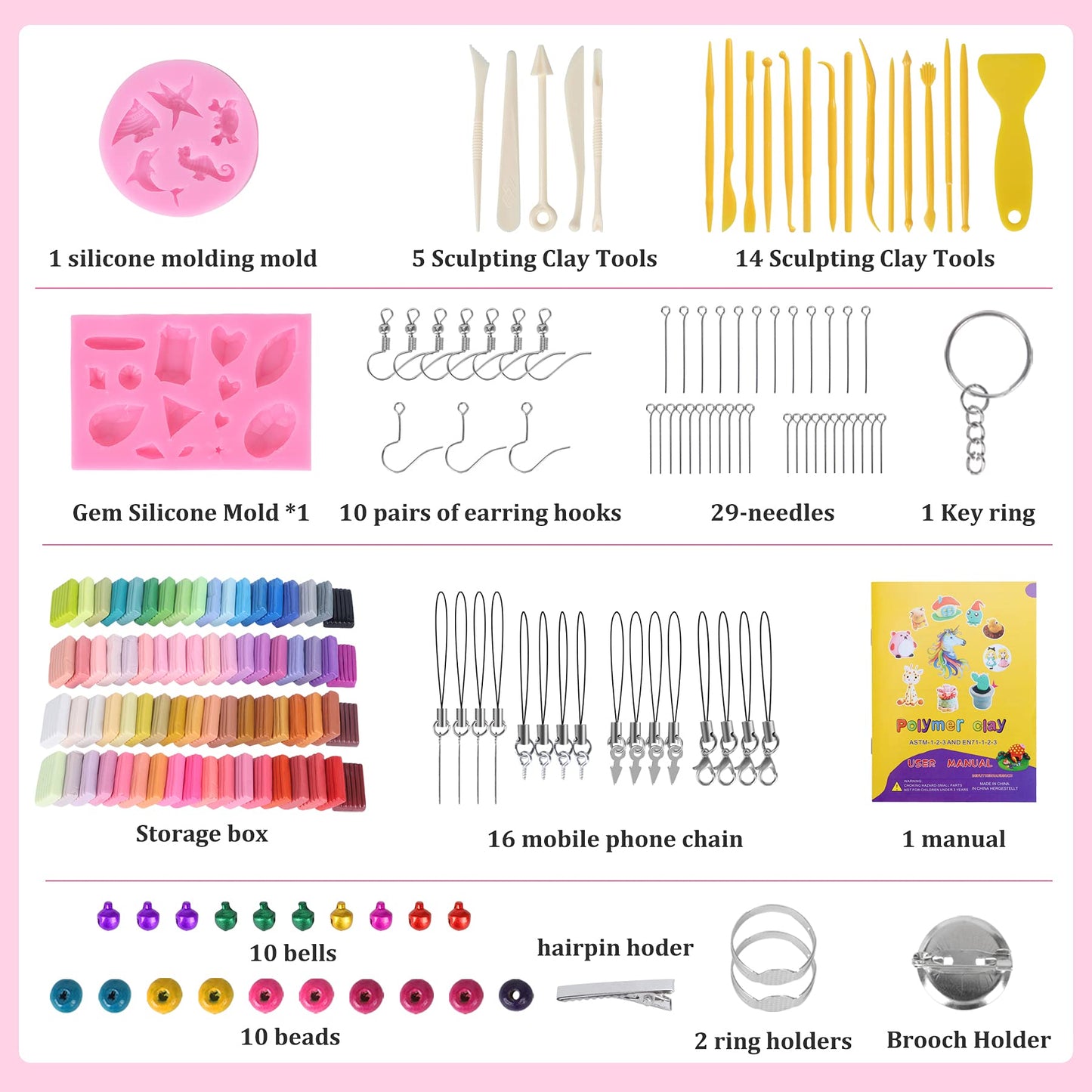 Polymer Clay Kits 72Colors Sculpting Molding Clay DIY Modeling Clay Oven Baking Clay Kits 19 Sculpting Tools and 12 Kinds of Accessories Non-Toxic and