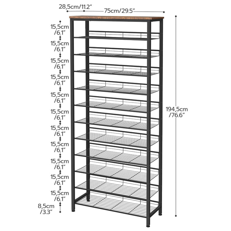 HOOBRO Shoe Rack Tall, Large Capacity Shoe Storage Organizer, 12-Tier Shoe Rack for 44-55 Pairs of Shoes, 75 x 28.5 x 194.5cm, Adjustable Metal
