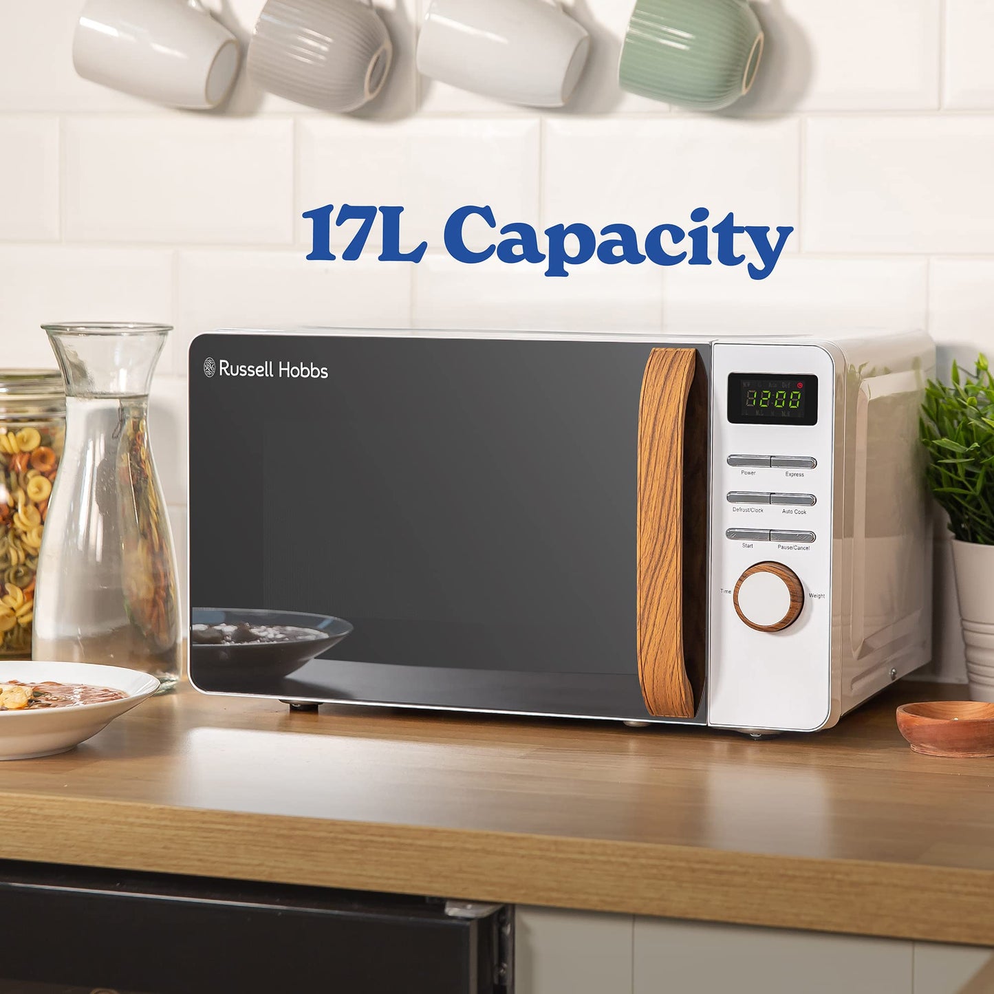 Russell Hobbs RHMD714 17 L 700 W Scandi White Digital Microwave with 5 Power Levels, Wood Effect Handle & Dials, Clock & Timer, Automatic Defrost,