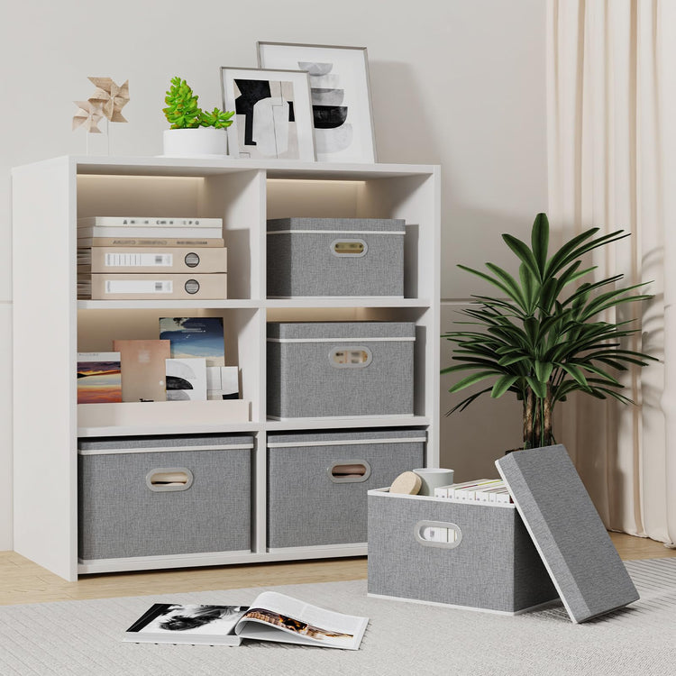Yawinhe Large Storage Box with Lid 3 Pack, Collapsible Cubes Baskets, for Cupboards, Wardrobe, Shelves, 44x30x30cm, Grey, SNK023GX-3