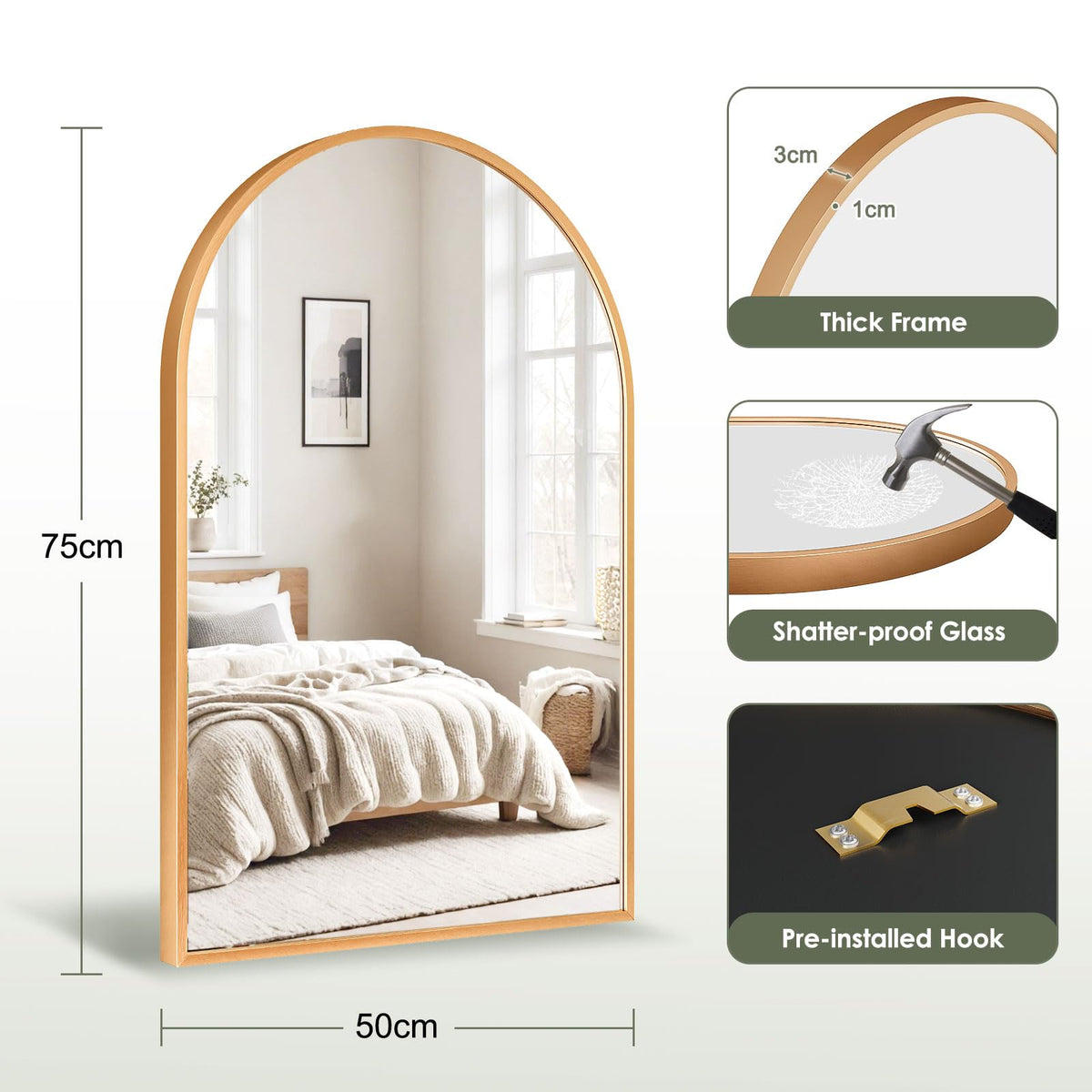 Dripex 50 x 75cm Arched Mirror, Arched Wall Mounted Mirror Home Decorative Bathroom Bedroom Living Room Dressing, Gold