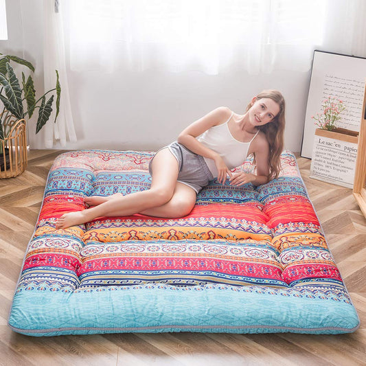 MAXYOYO Bohemian Retro Floor Mattress Vintage Floral Japanese Futon Mattress Roll Up Thicken Sleeping Bed Portable Camping Mattress Floor Lounger