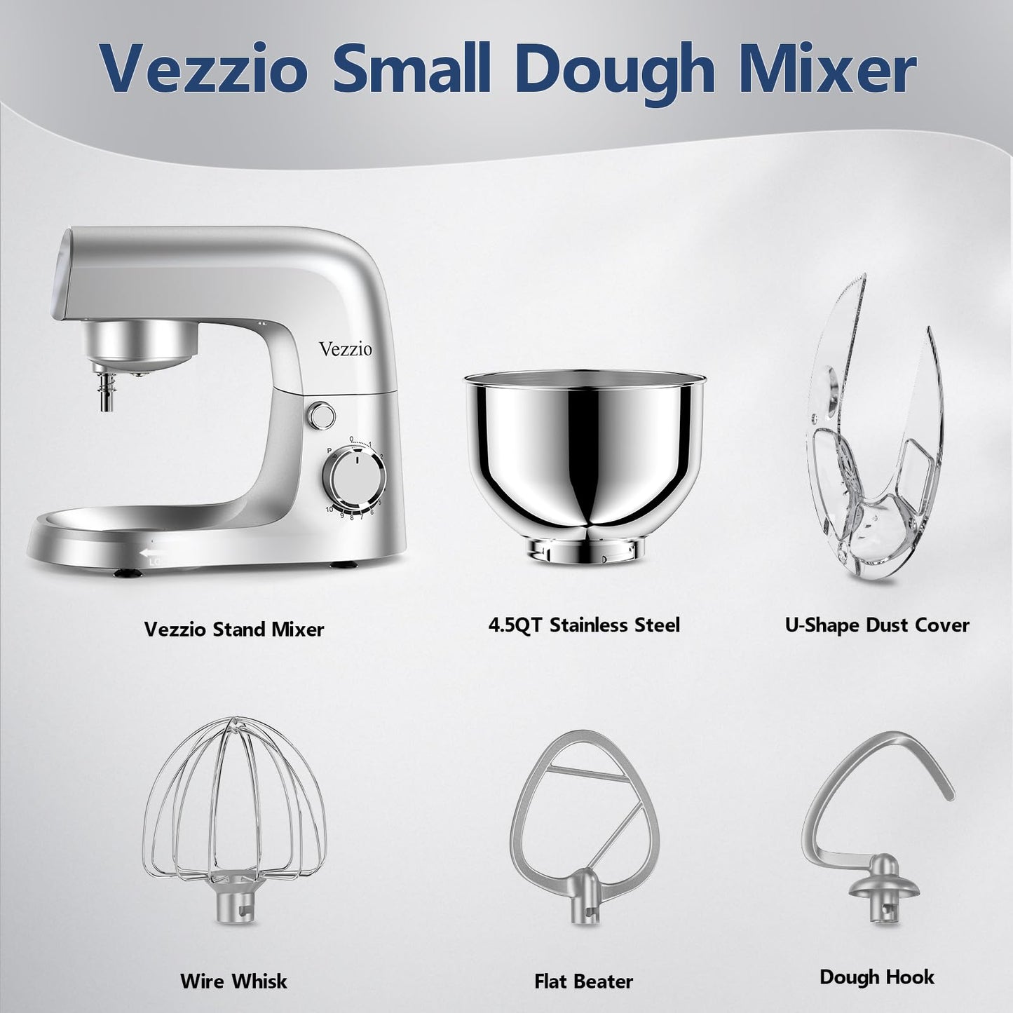 Vezzio Small Stand Mixer,4.5 liters Food Mixers for Baking,1500W 10-Speed Kitchen Cake Mixers,Electric Kitchen Mixers with Small form-factor, Easy to
